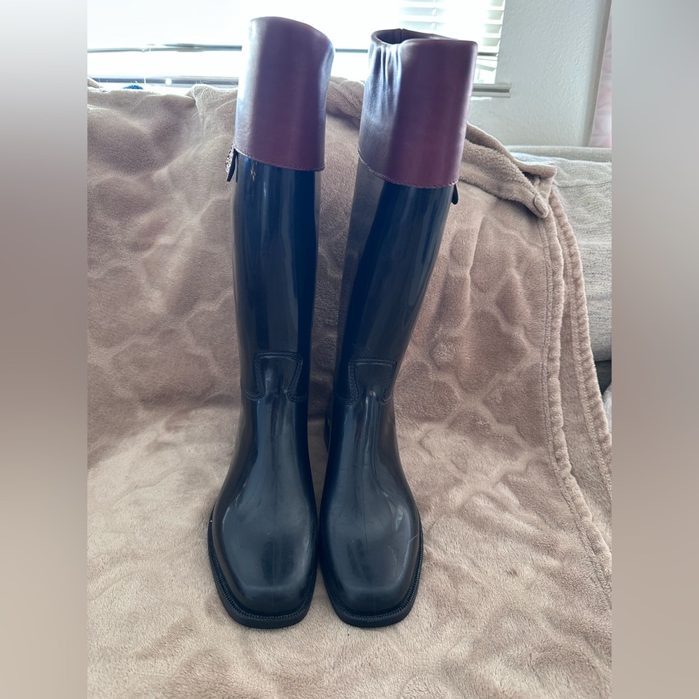 Celine Navy Rubber Rain Boots Burgundy Leather Trim Logo Size 36 Made in Italy - Picture 1 of 8